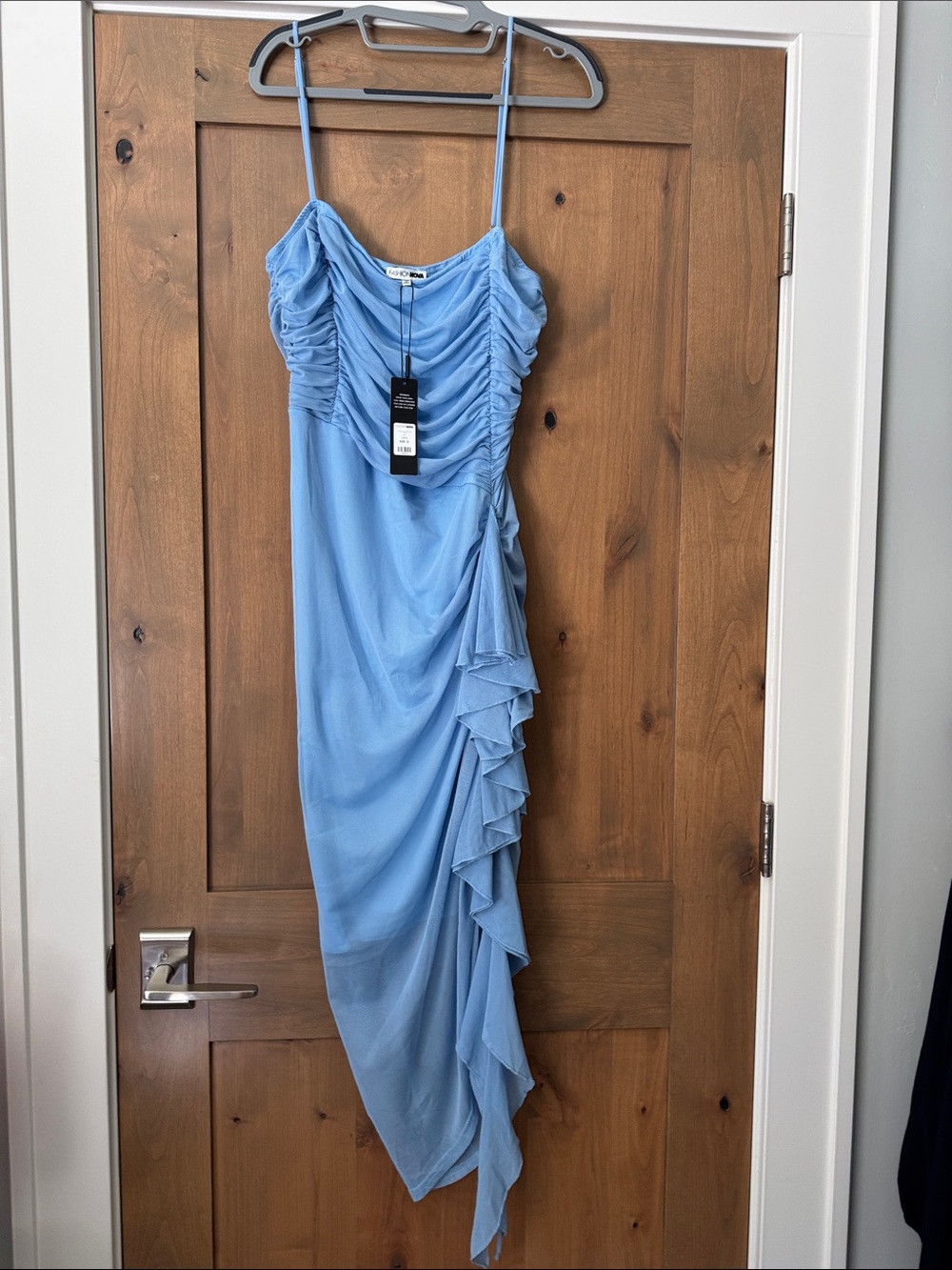 NWT Fashion Nova Light Blue Ruched Maxi Dress Womens 1X Mermaid Mesh sheer blue